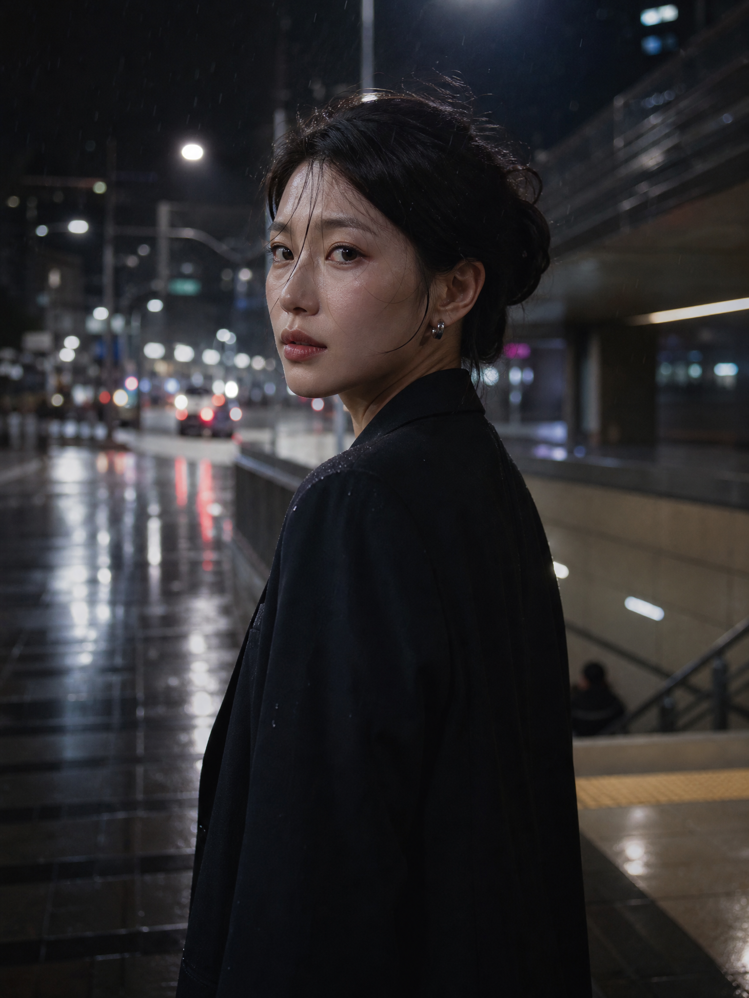 地铁口的银色雨夜
