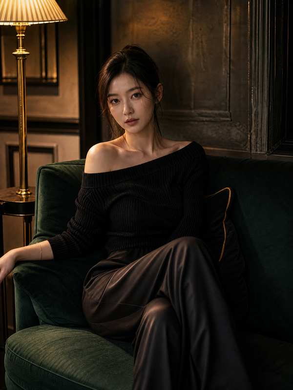 丝绒沙发与金灯